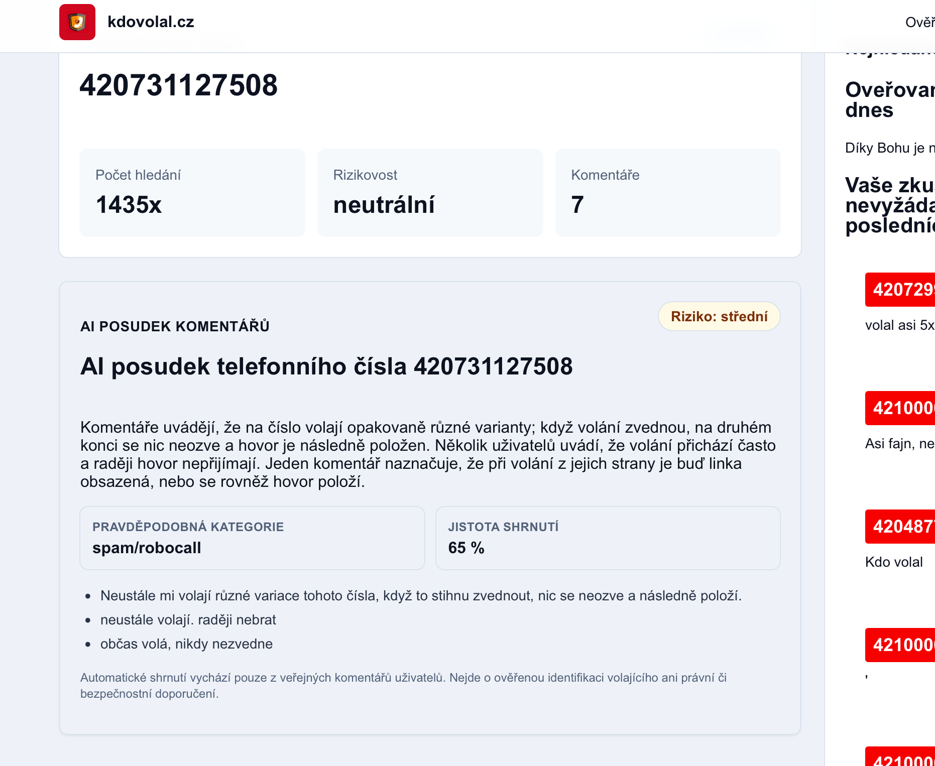 Nevyžádaná telefonní čísla pomocí AI posudku